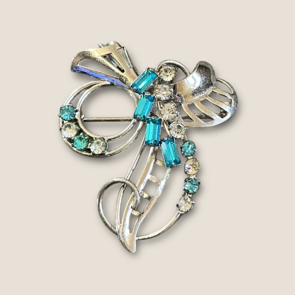 Vintage Sterling Silver Floral Brooch With Aqua & Clear Rhinestones Signed  1.5"